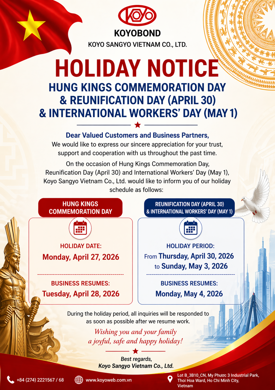 HOLIDAY NOTICE Hung Kings Commemoration Day & Reunification Day / International Workers’ Day 2026