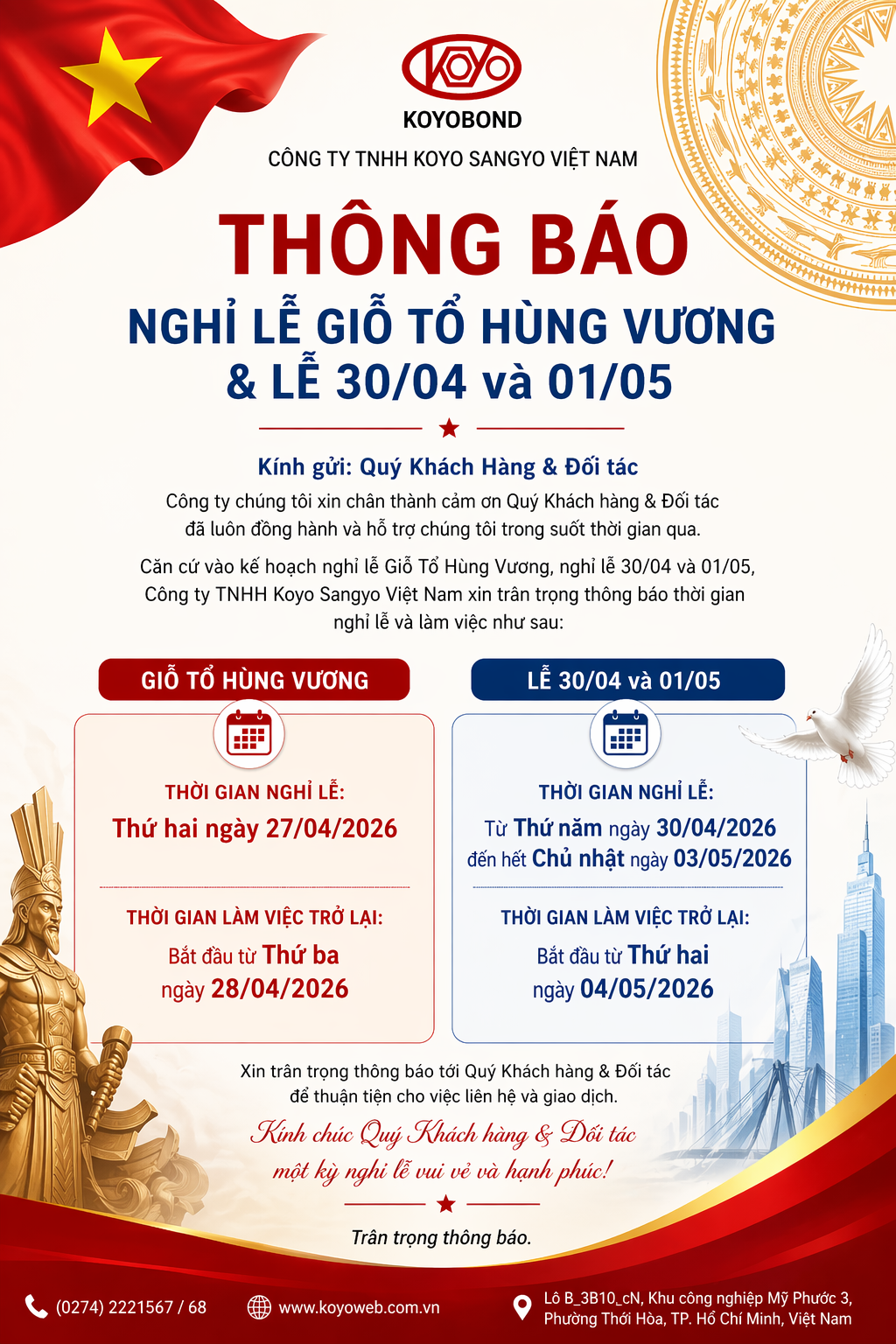 THÔNG BÁO NGHỈ LỄ GIỖ TỔ HÙNG VƯƠNG & 30/04 – 01/05/2026